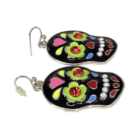 Black Sugar Skull Dangle Earrings 1" Silver Tone Enamel Day Of The Dead - Picture 5 of 8